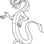 Black and white line art of Mushu from Mulan in a playful pose, featuring clear outlines for easy coloring by children.