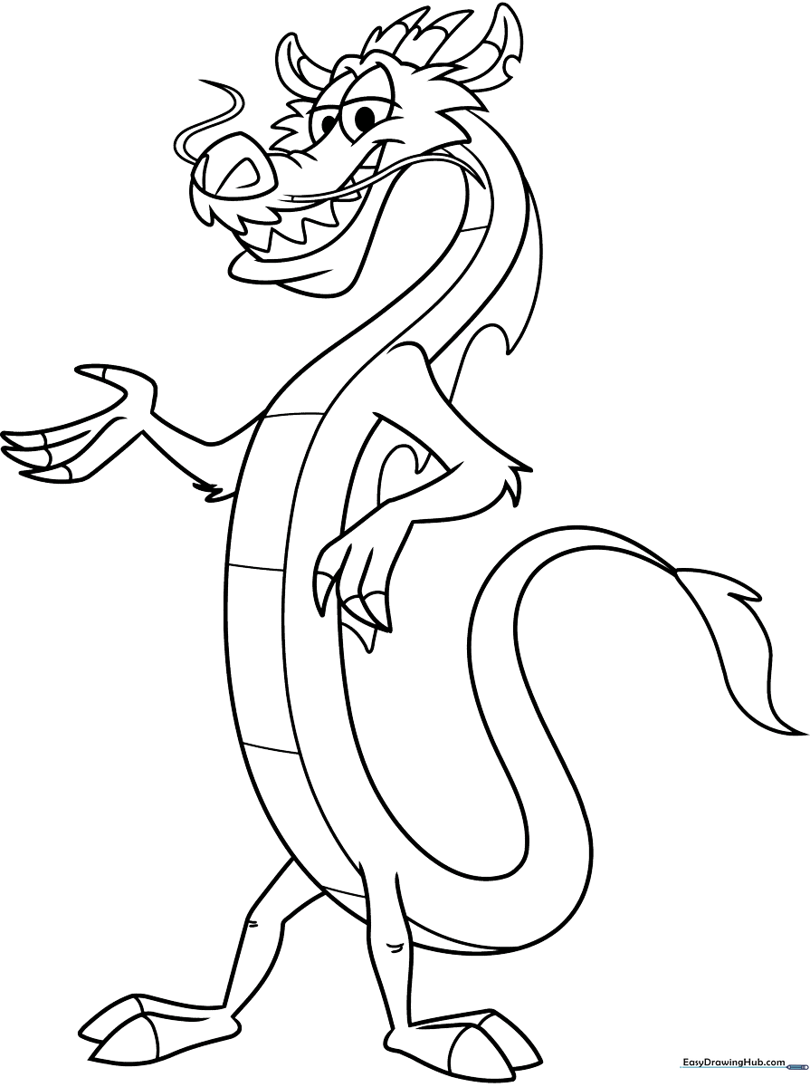 Black and white line art of Mushu from Mulan in a playful pose, featuring clear outlines for easy coloring by children.