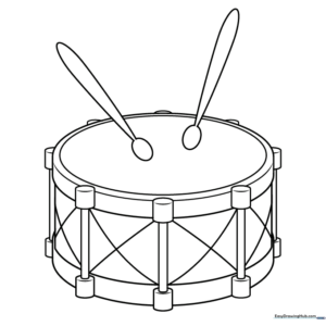 Printable snare drum coloring sheet with drumsticks, featuring clear outlines for easy coloring.