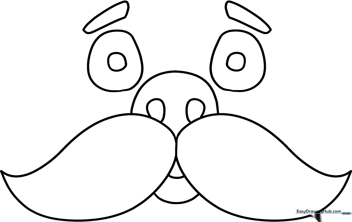 A clean, bold-lined illustration of a classic handlebar mustache on a white background, designed for children to color.