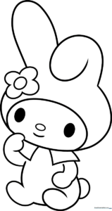 Black and white line art of My Melody wearing her signature hood and bow, ready for children to color with crayons or markers.