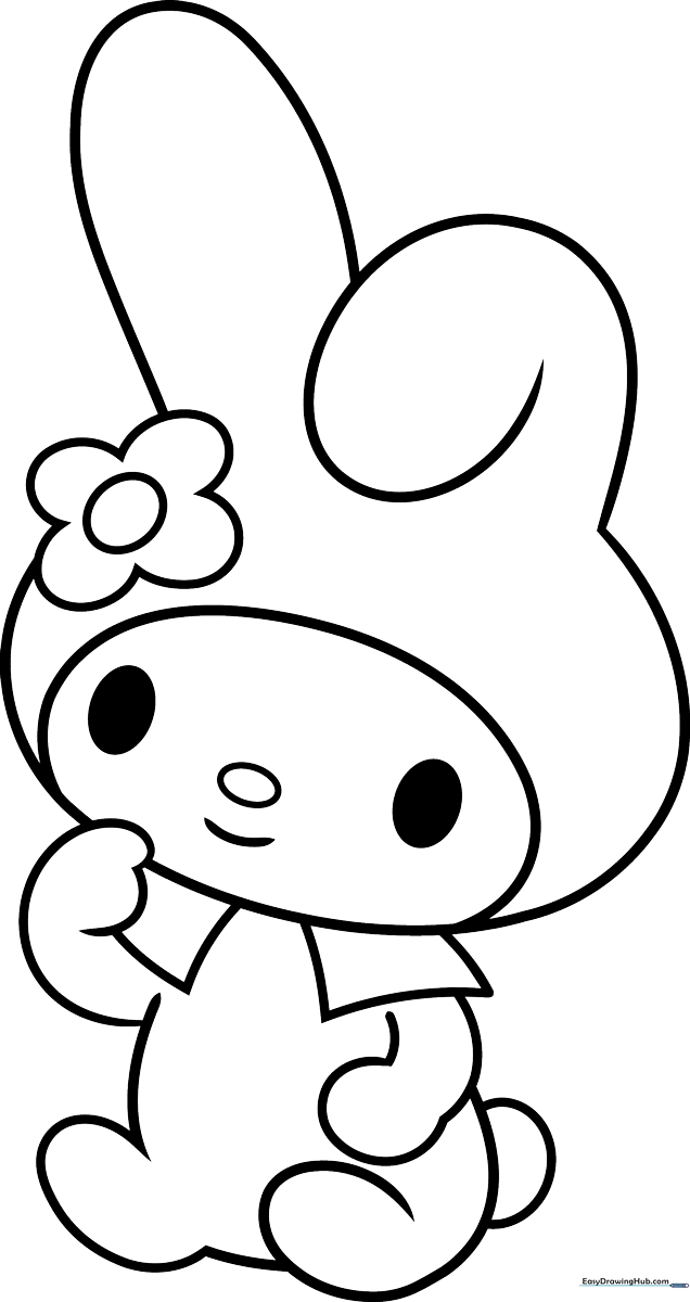Black and white line art of My Melody wearing her signature hood and bow, ready for children to color with crayons or markers.