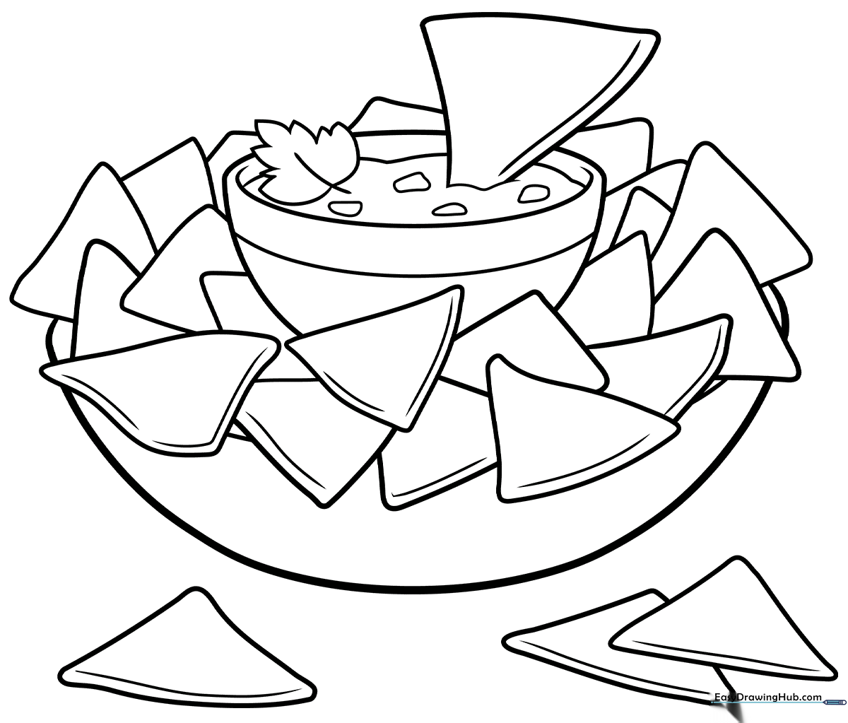 Black and white line art of a plate of nachos with melted cheese and toppings, designed for children to color.