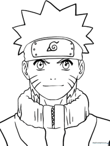 Black and white line art of Naruto Uzumaki in his signature ninja outfit, ready for coloring with markers or crayons.
