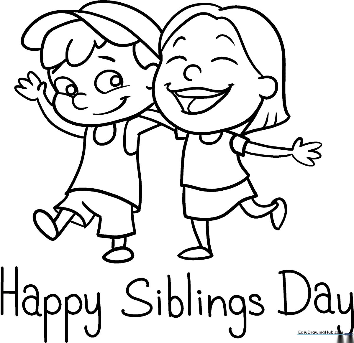 Black and white line art of a National Siblings Day poster featuring bold lettering and decorative elements, designed for children to color.