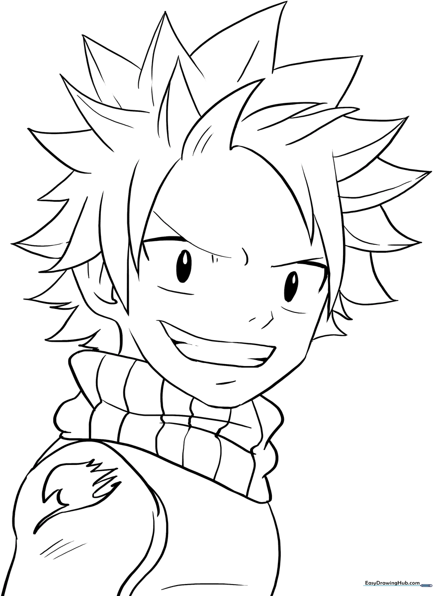 Black and white line art of Natsu Dragneel from Fairy Tail, featuring his spiky hair and scarf, ready for coloring.
