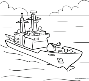 Black and white line art of a cartoon navy ship with a radar tower and deck details, ready for children to color.