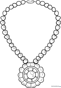 Black and white line art of a decorative necklace with a central pendant and beaded chain, designed for children to color.