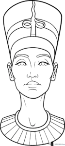Black and white line art of Queen Nefertiti wearing her signature tall, flat-topped crown, ready for coloring.