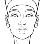 Black and white line art of Queen Nefertiti wearing her signature tall, flat-topped crown, ready for coloring.