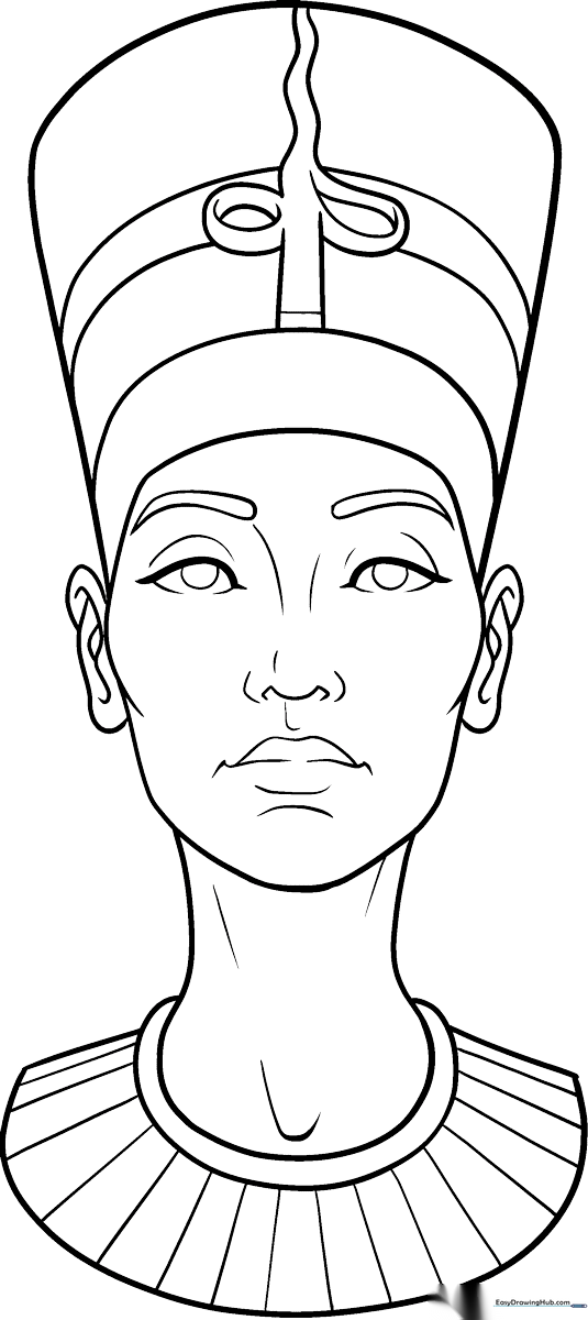 Black and white line art of Queen Nefertiti wearing her signature tall, flat-topped crown, ready for coloring.