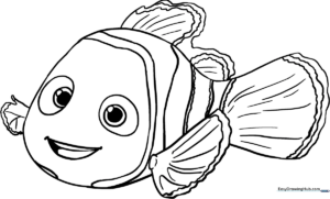 Printable coloring sheet of Nemo the clownfish with clear, thick outlines suitable for preschool and elementary students.