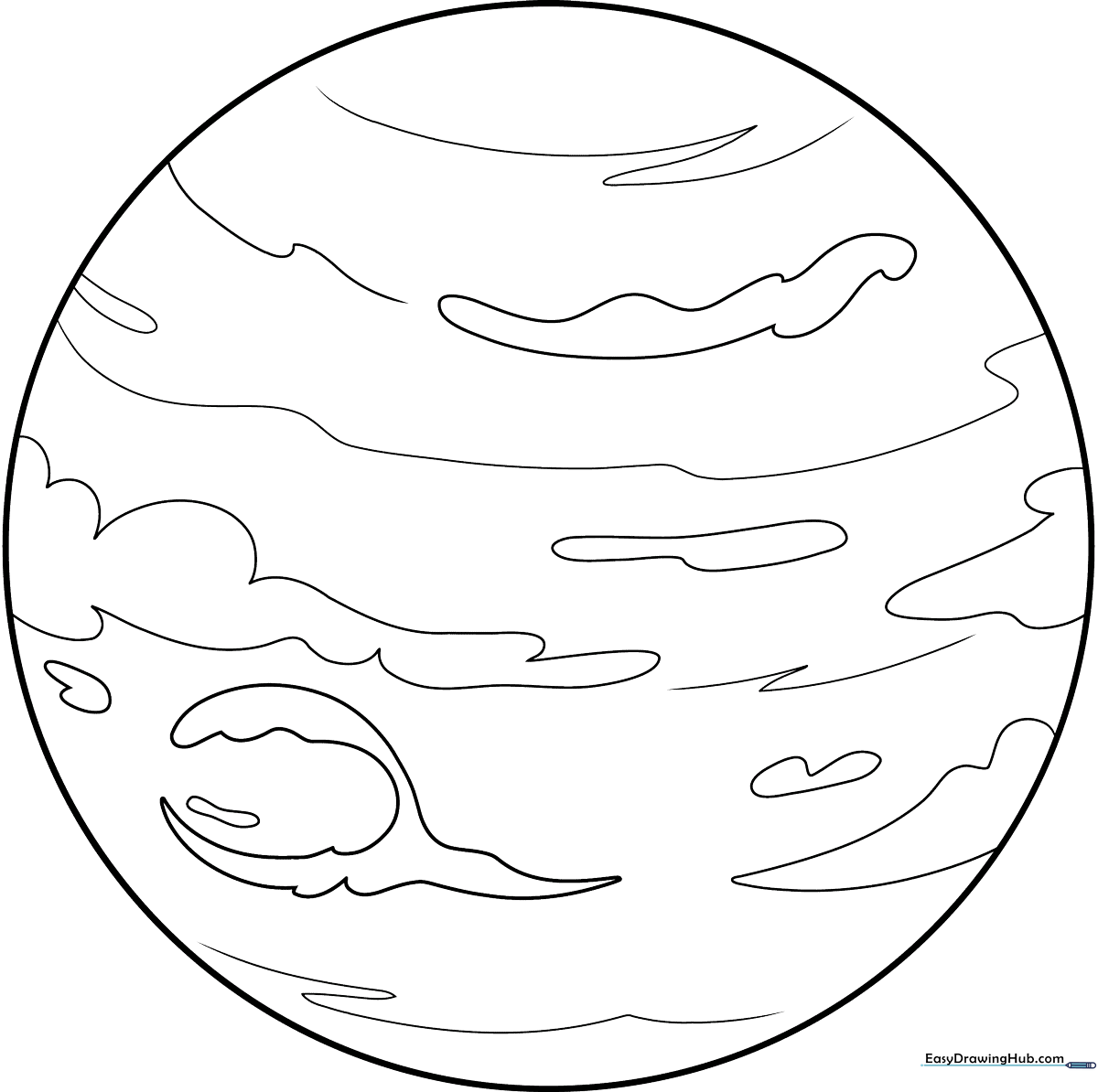 Black and white line art of the planet Neptune with a friendly cartoon face, featuring clear outlines for easy coloring by children.