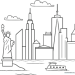 Black and white line art of the New York City skyline featuring various skyscraper heights and architectural details for children to color.