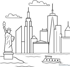 Black and white line art of the New York City skyline featuring various skyscraper heights and architectural details for children to color.