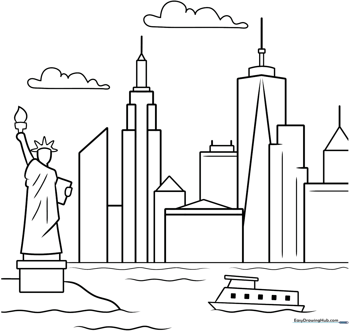 Black and white line art of the New York City skyline featuring various skyscraper heights and architectural details for children to color.