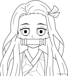Detailed line art of Nezuko Kamado from Demon Slayer, featuring clear outlines for coloring her signature kimono and flowing hair.