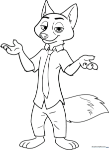 Black and white line art of Nick Wilde from Zootopia standing with a confident expression, ready for coloring.