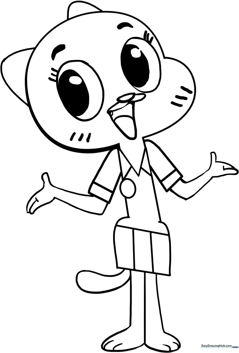 Black and white line art of Nicole Watterson from The Amazing World of Gumball, featuring clear outlines suitable for coloring with markers or crayons.