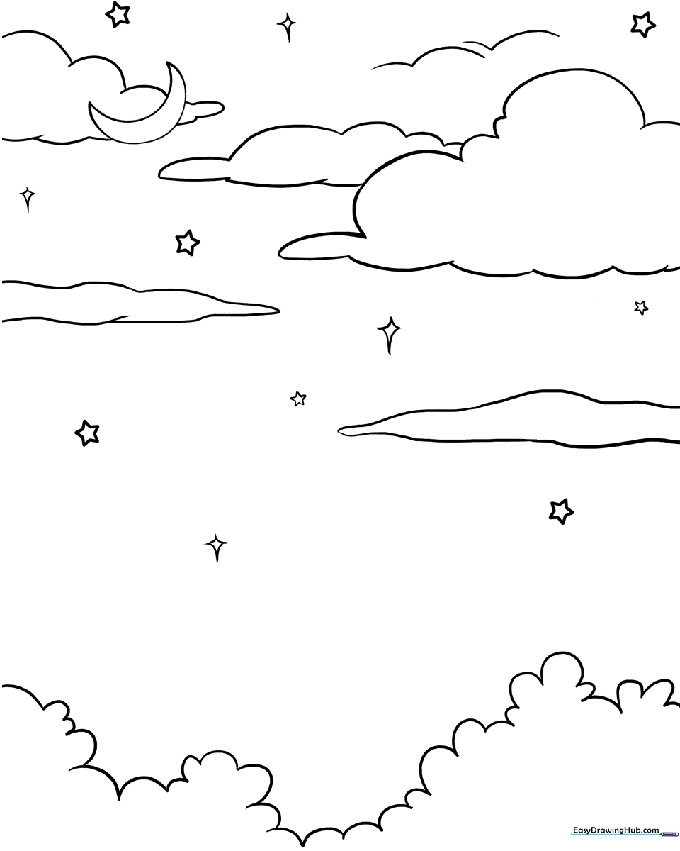 Black and white line art of a night sky scene featuring a crescent moon and twinkling stars, designed for children to color.