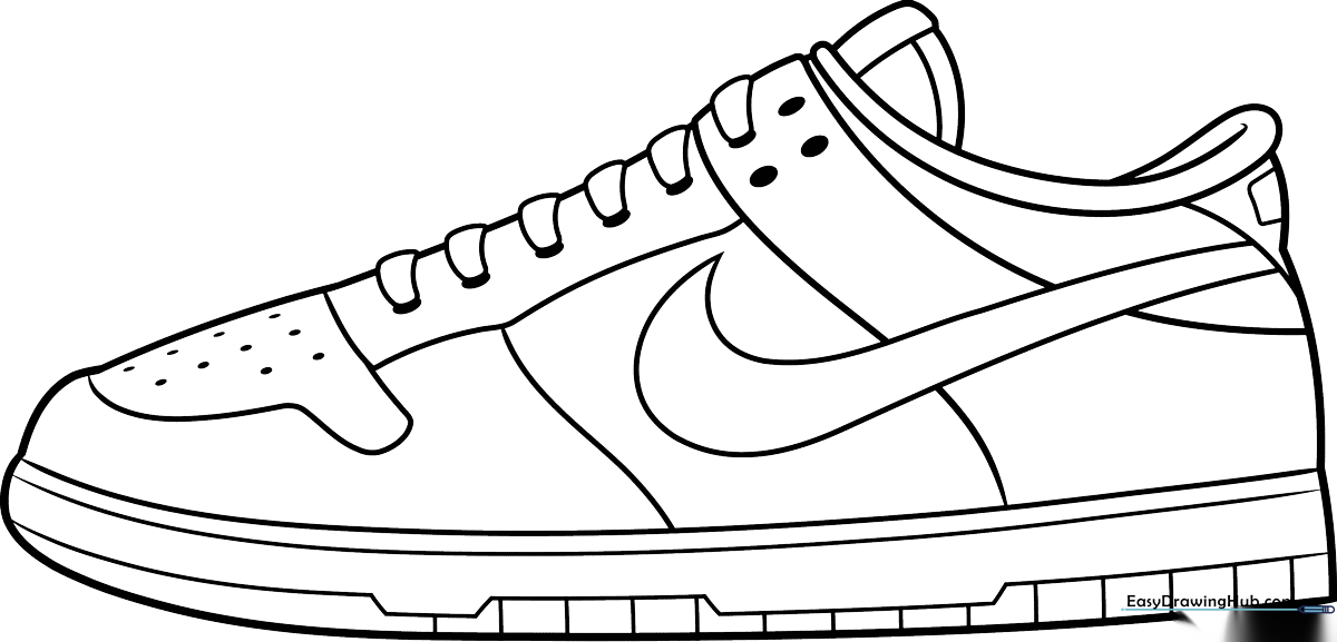 Black and white line art of a high-top sneaker with clear panel outlines, designed for children to color and customize.