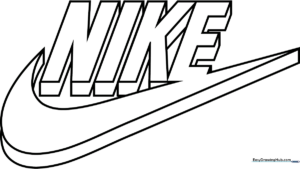 Bold black and white outline of the Nike swoosh logo on a clean background, ready for children to color.