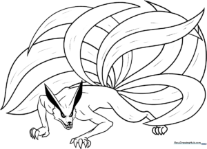 Black and white line art of a Nine-Tailed Fox with flowing tails, designed for children to color with markers or crayons.