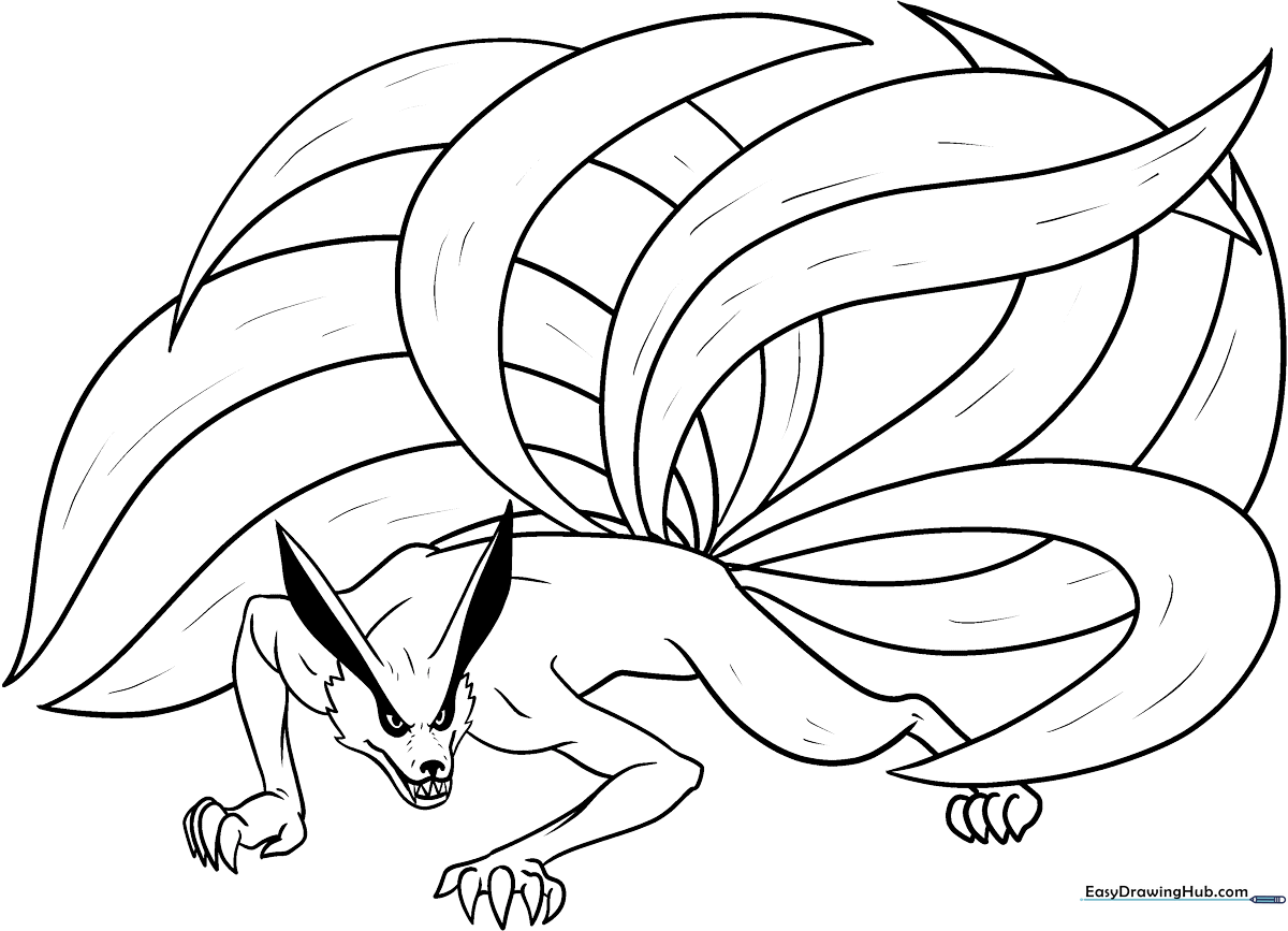 Black and white line art of a Nine-Tailed Fox with flowing tails, designed for children to color with markers or crayons.