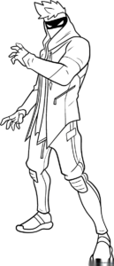 Black and white line art of a Fortnite ninja character in a dynamic pose, featuring detailed armor plates and a mask, ready for coloring.