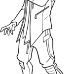 Black and white line art of a Fortnite ninja character in a dynamic pose, featuring detailed armor plates and a mask, ready for coloring.