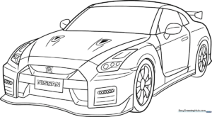Black and white line art of a Nissan GT-R sports car, featuring clear outlines for coloring, ideal for developing pencil control in children.
