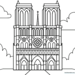 Black and white line art of the Notre Dame Cathedral facade, featuring symmetrical towers and intricate Gothic arch details for coloring.
