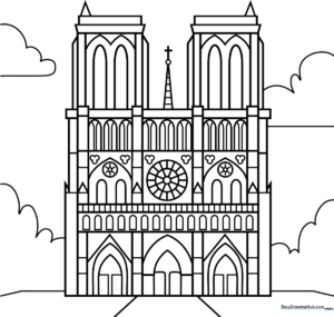 Black and white line art of the Notre Dame Cathedral facade, featuring symmetrical towers and intricate Gothic arch details for coloring.