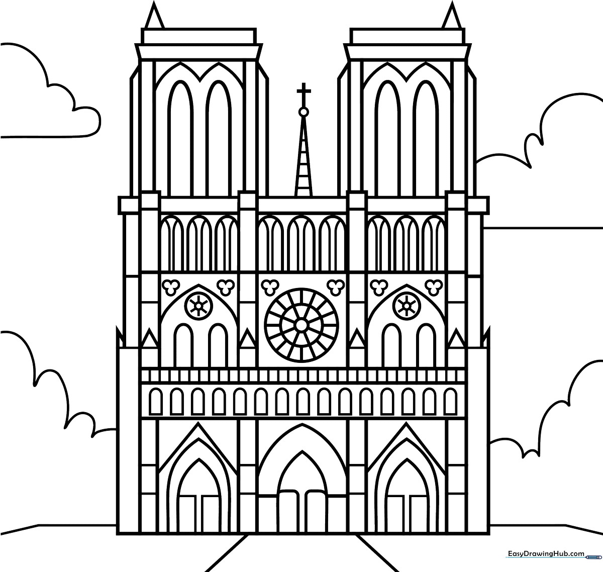 Black and white line art of the Notre Dame Cathedral facade, featuring symmetrical towers and intricate Gothic arch details for coloring.
