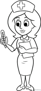 Cartoon nurse character with a friendly smile, wearing a medical uniform and cap, outlined for children to color.
