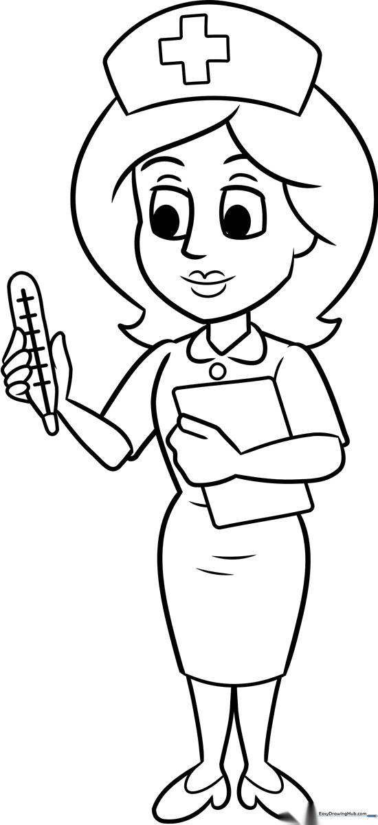 Cartoon nurse character with a friendly smile, wearing a medical uniform and cap, outlined for children to color.