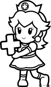Black and white line art of Princess Peach wearing a nurse's uniform, ready for children to color with crayons or markers.