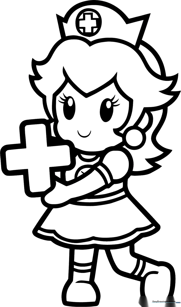 Black and white line art of Princess Peach wearing a nurse's uniform, ready for children to color with crayons or markers.