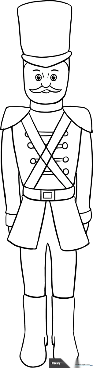 Black and white line art of a traditional toy soldier Nutcracker, featuring a tall hat, decorative jacket, and boots, ready for coloring.
