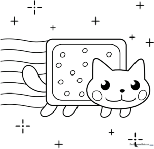 Black and white line art of Nyan Cat featuring a rectangular cat body with a rainbow trail, designed for children to color.