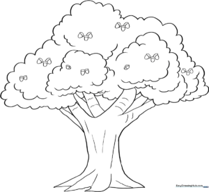 A clean, black-and-white line art illustration of a majestic oak tree with a wide canopy and textured trunk, ready for coloring.