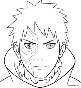 Detailed line art of Obito Uchiha from Naruto, featuring his signature mask and flowing hair, ready for coloring.