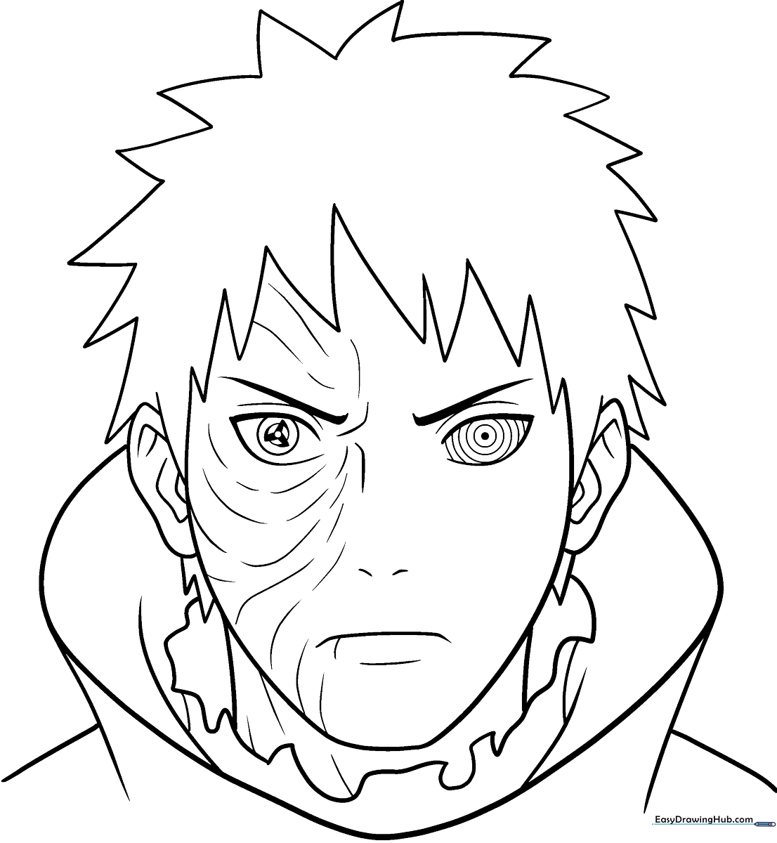 Detailed line art of Obito Uchiha from Naruto, featuring his signature mask and flowing hair, ready for coloring.