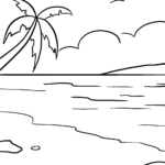 Black and white line art of an ocean scene featuring rolling waves and a horizon line, ready for children to color.