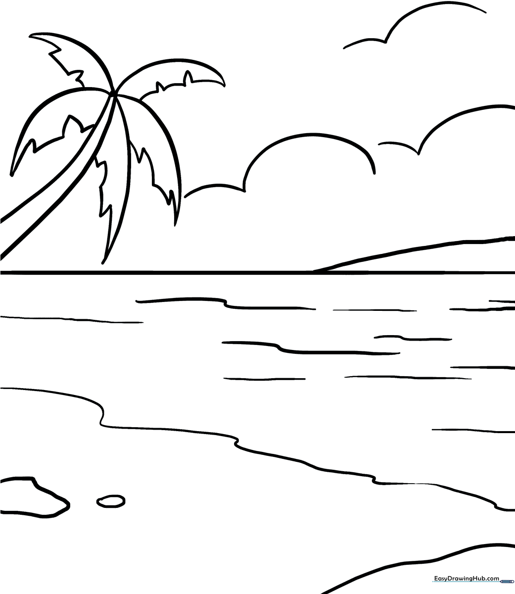 Black and white line art of an ocean scene featuring rolling waves and a horizon line, ready for children to color.