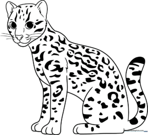 Black and white line art of a cute ocelot with distinct spots, designed for children to color with crayons or markers.