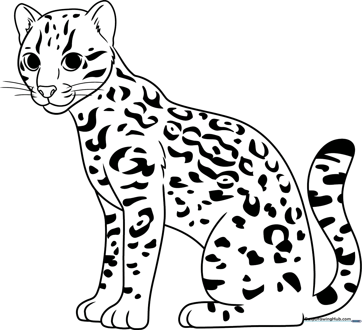Black and white line art of a cute ocelot with distinct spots, designed for children to color with crayons or markers.