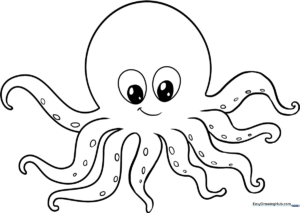 A friendly cartoon octopus with eight curling tentacles and large expressive eyes, outlined in bold black lines for easy coloring.