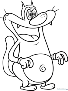 Black and white line art of Oggy the cat standing with a friendly expression, ready for coloring with crayons or markers.