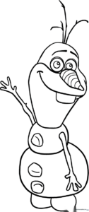 Black and white line art of Olaf the snowman from Frozen, featuring his signature carrot nose, twig hair, and wide, happy smile, ready for coloring.
